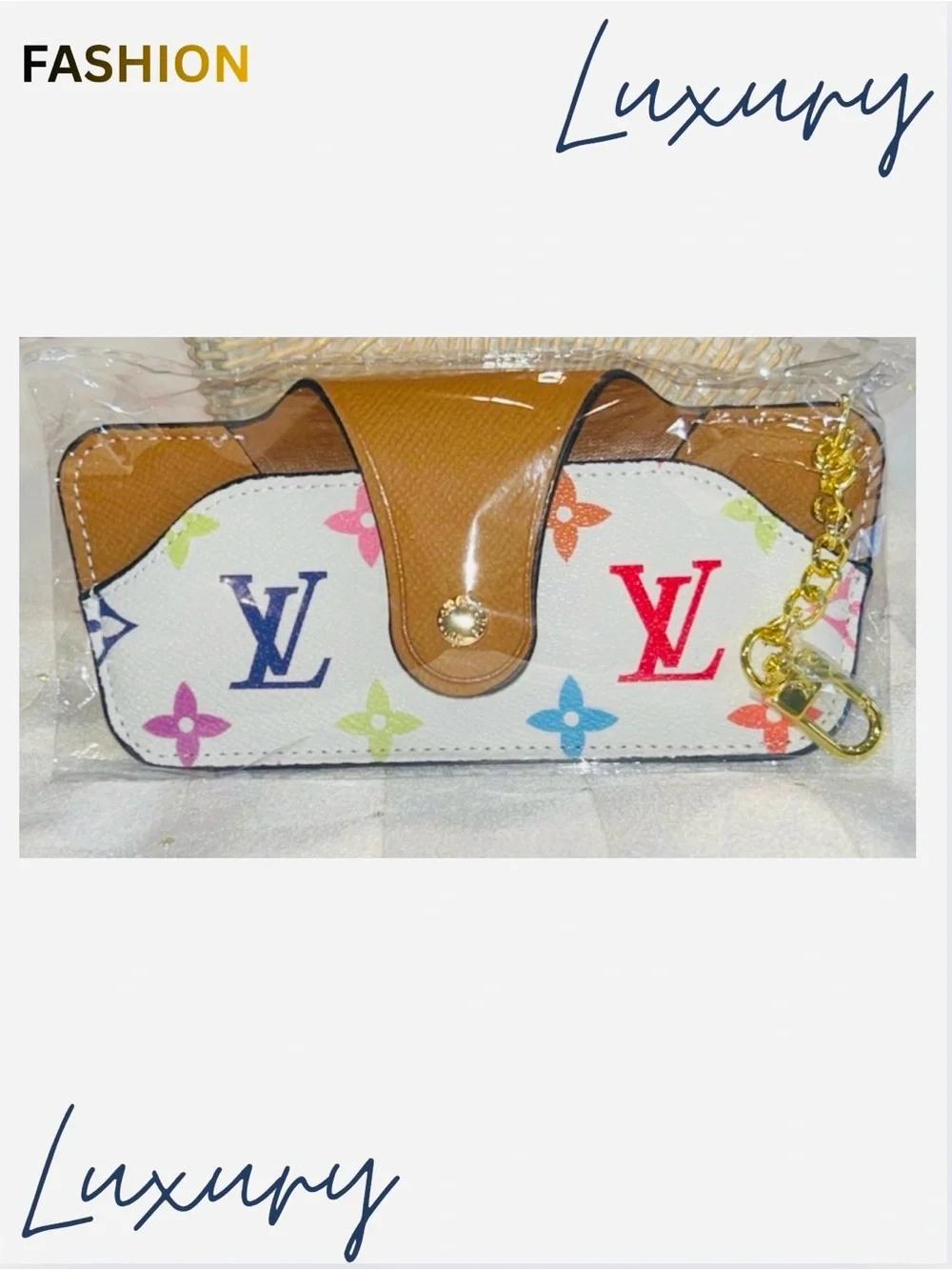 A-1BX: EYEGLASS CASE: Monogram Whit/Multicolored w/Golden Chain w/Clasp, NWOT